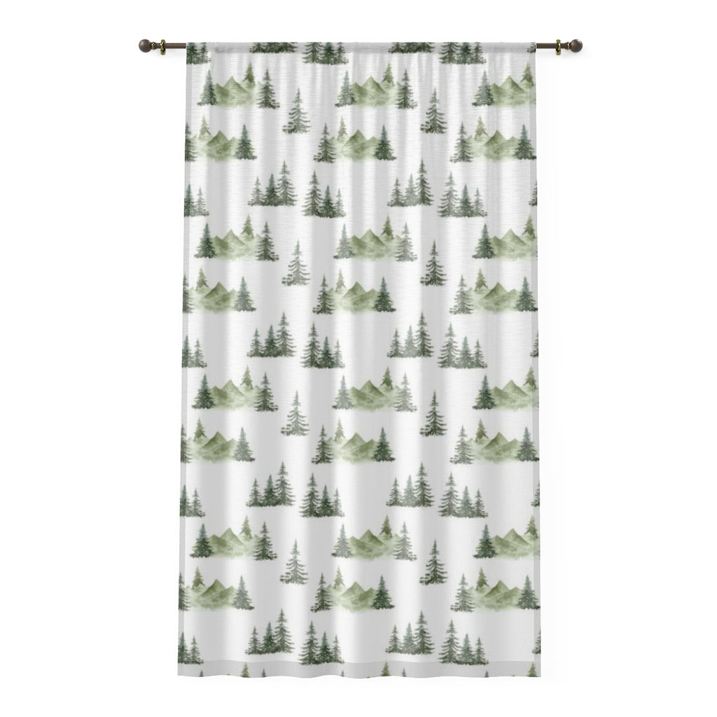 Pine Tree Mountains Sheer Curtain single panel, Forest nursery curtain - Enchanted Green