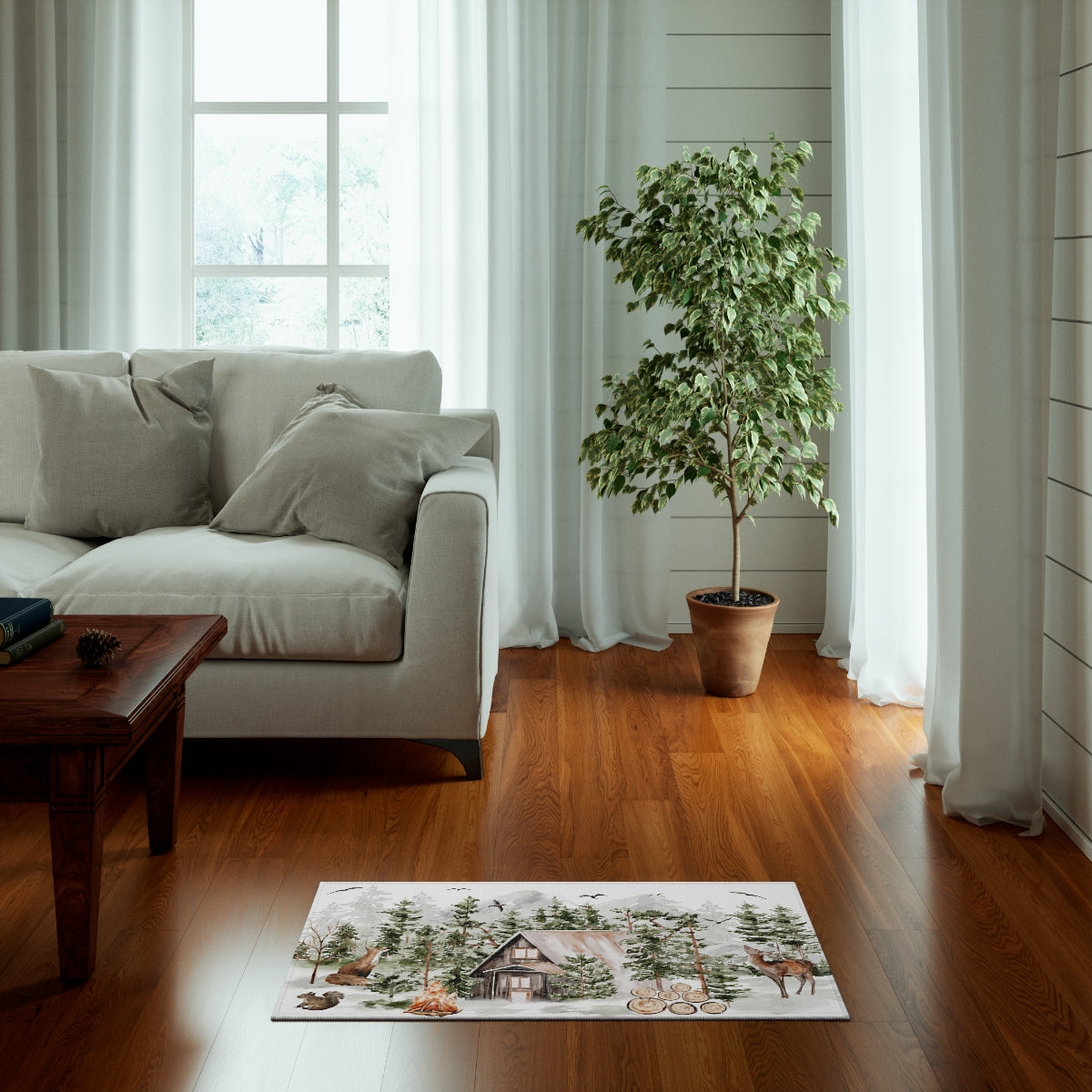 Cabin rug, Woodland animals rug anti-slip backing - Cabin Life