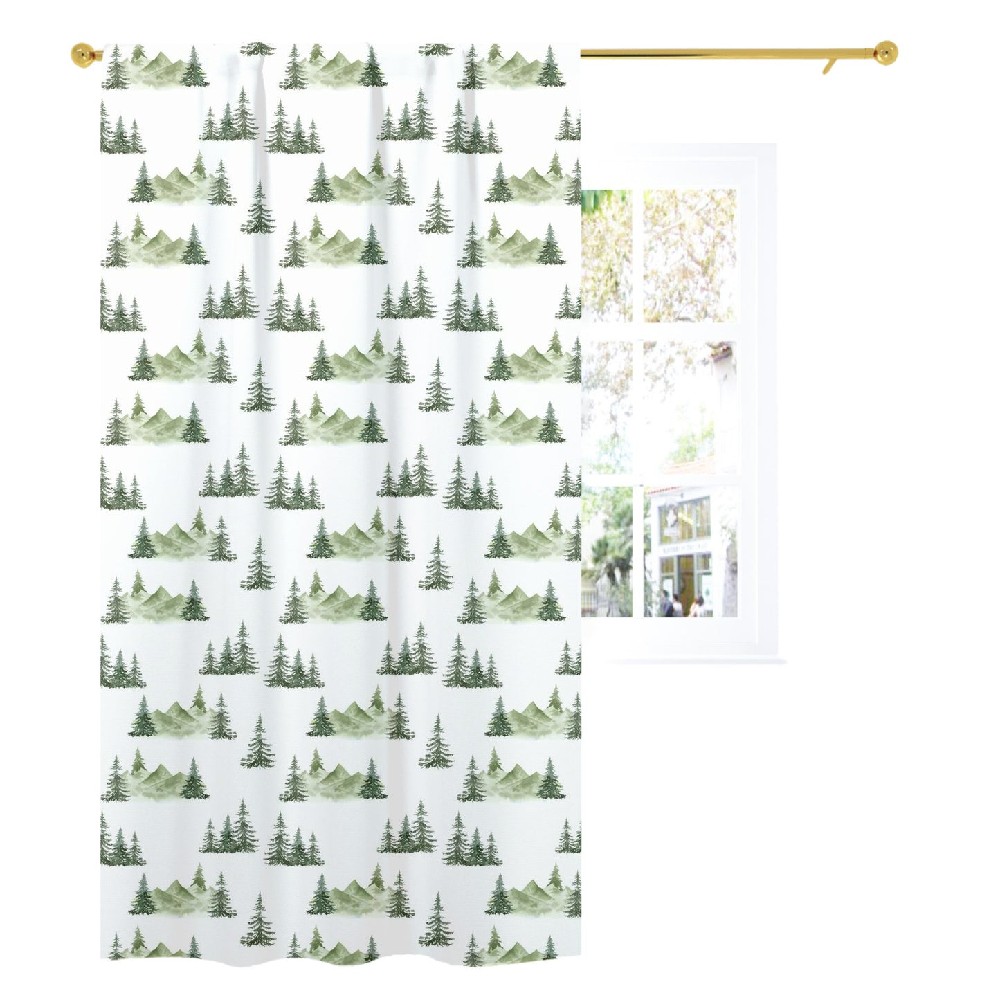Mountains Curtain Single Panel, Forest Nursery Decor - Enchanted Green