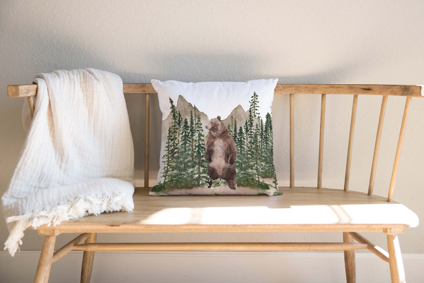 Bear pillow cover Double Side, Woodland Nursery Bedding - Forest Mist