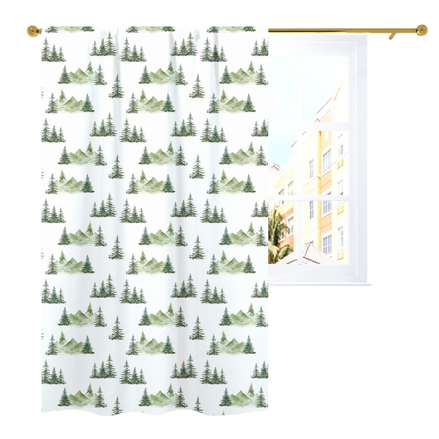 Mountains Curtain Single Panel, Forest Nursery Decor - Enchanted Green