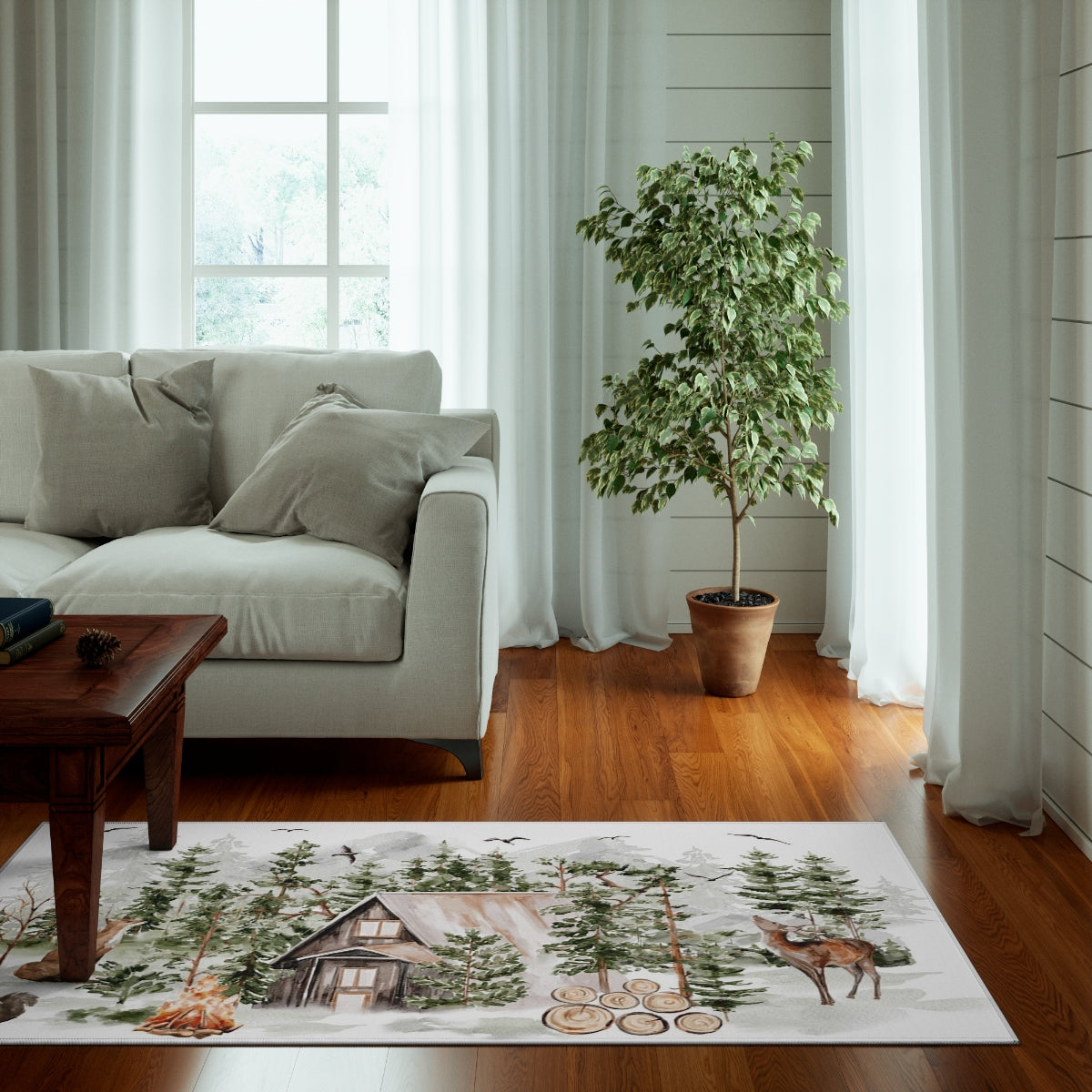 Cabin rug, Woodland animals rug anti-slip backing - Cabin Life