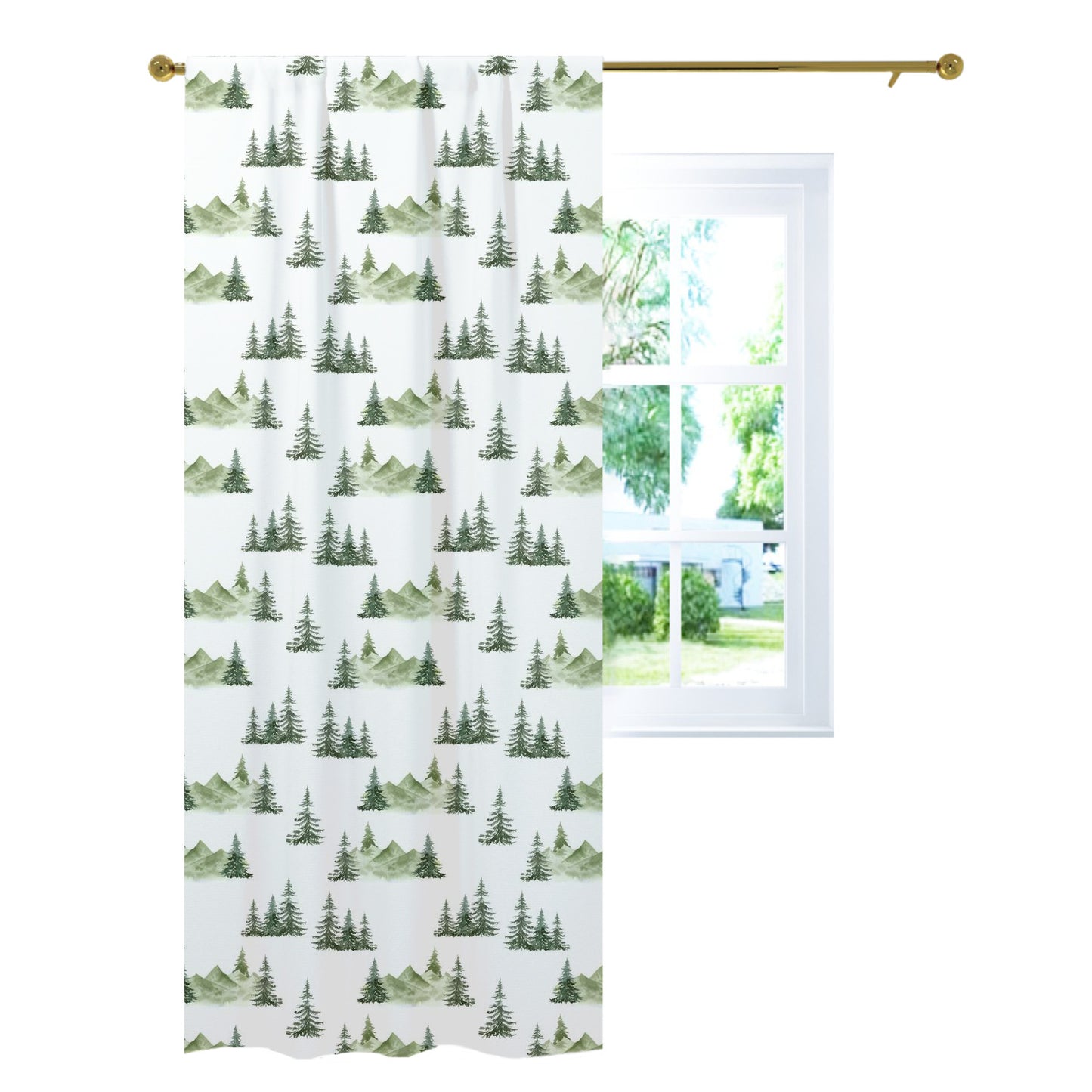Mountains Curtain Single Panel, Forest Nursery Decor - Enchanted Green