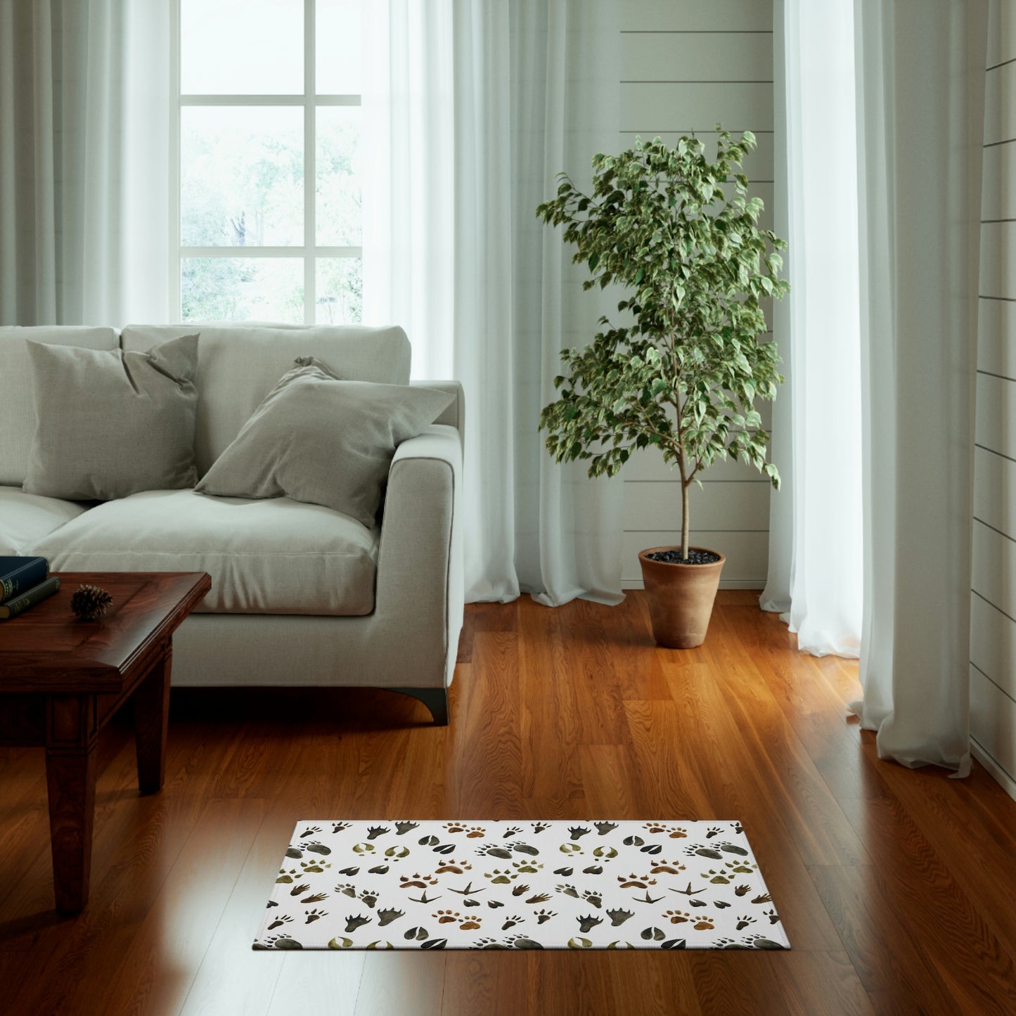 Animal tracks rug, Woodland rug anti-slip backing - Footprints in the forest