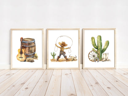 Cowboy Wall Art, Western Nursery Decor Set of 3 Unframed Prints