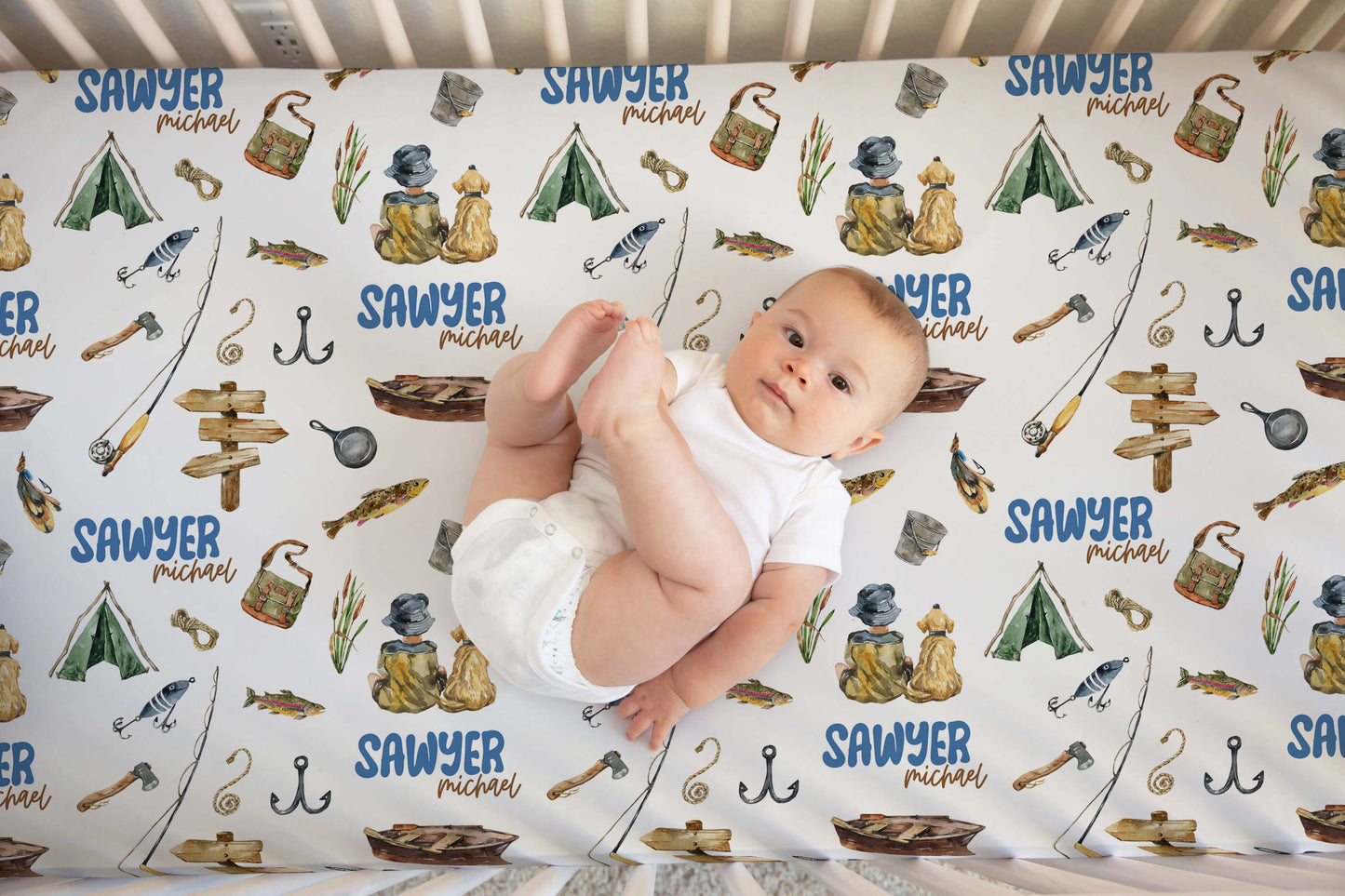 Personalized fishing crib sheet, Fishing nursery bedding - Sweet Fisherman