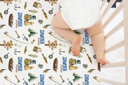 Personalized fishing crib sheet, Fishing nursery bedding - Sweet Fisherman