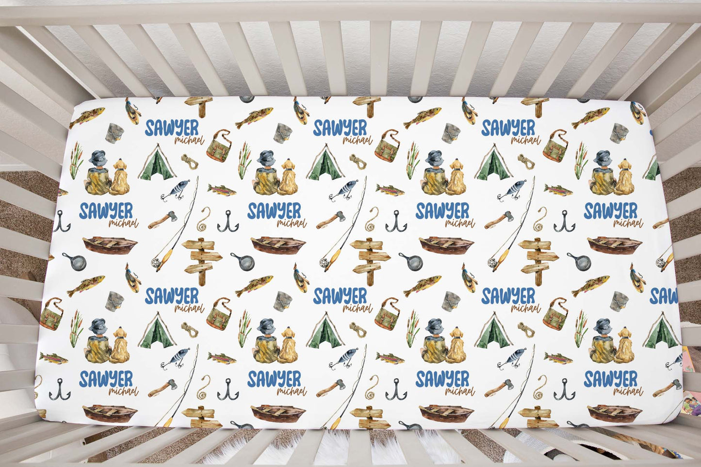 Personalized fishing crib sheet, Fishing nursery bedding - Sweet Fisherman