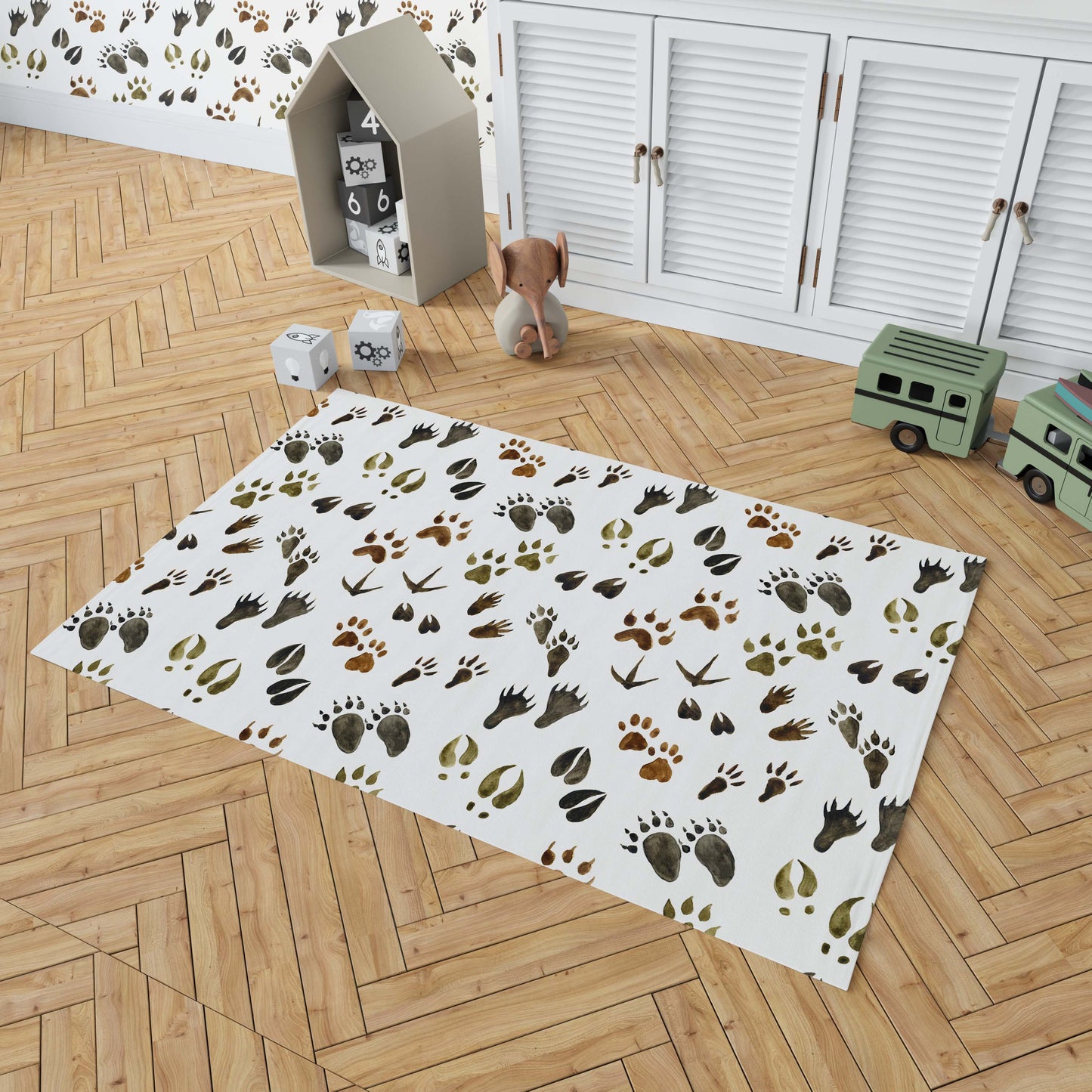 Animal tracks rug, Woodland nursery rug - Footprints in the forest