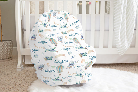 Personalized airplane Car Seat Cover | Hot air balloon nursing cover - Up in the Sky