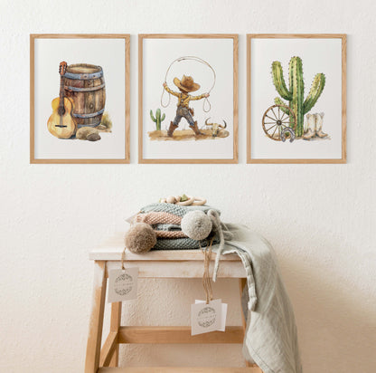 Cowboy Wall Art, Western Nursery Decor Set of 3 Unframed Prints