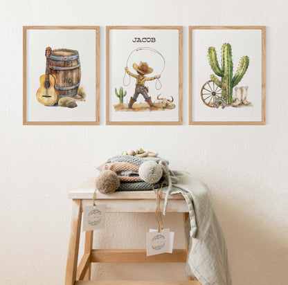 Personalized Cowboy Wall Art, Western Nursery Decor Set of 3 Unframed Prints