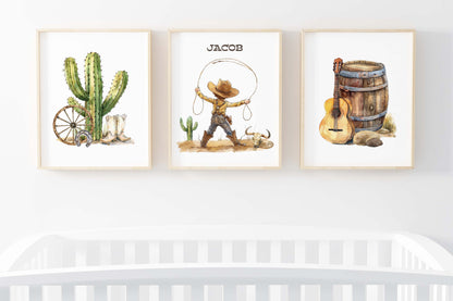 Personalized Cowboy Wall Art, Western Nursery Decor Set of 3 Unframed Prints