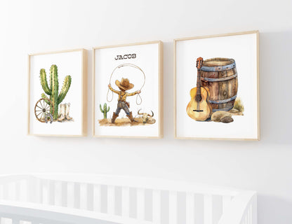 Personalized Cowboy Wall Art, Western Nursery Decor Set of 3 Unframed Prints