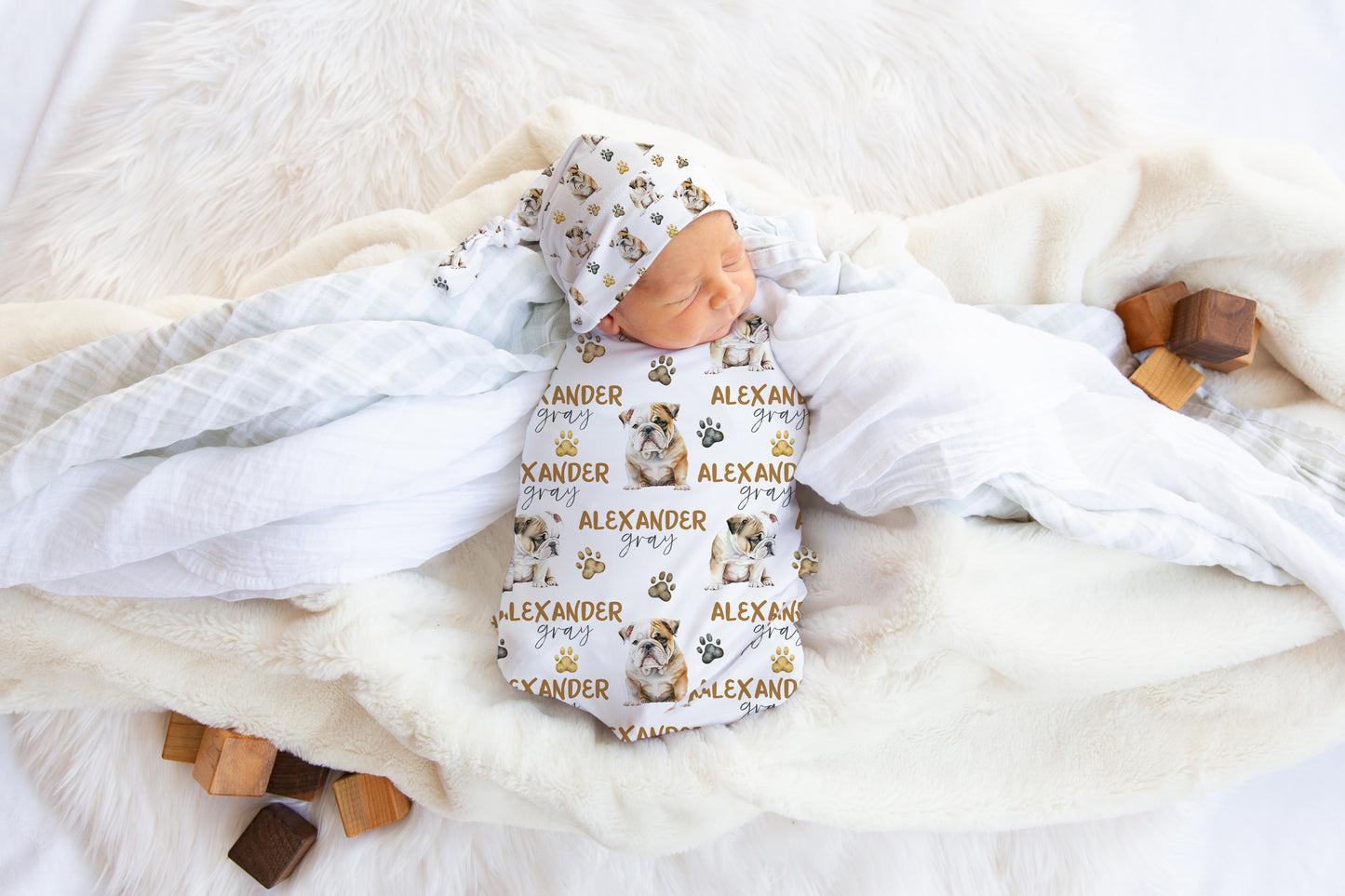 Personalized Puppy Bulldog Swaddle and Hat Set, Dogs Hospital Baby Boy Blanket - Friends Forever