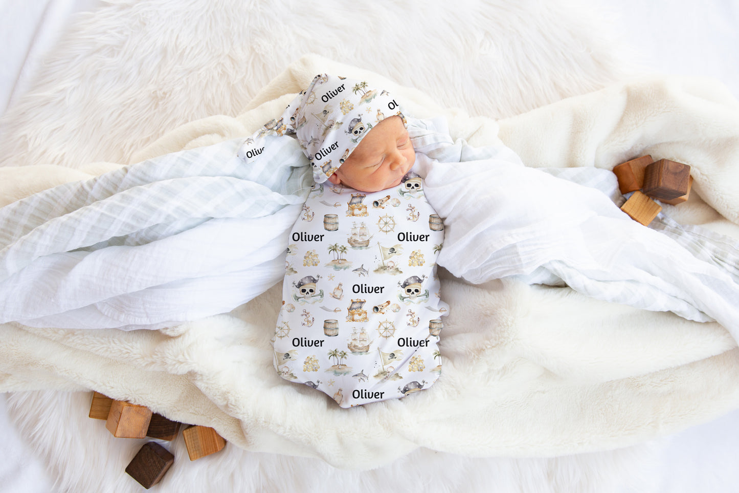 Pirate Swaddle and Hat Set, Pirate Hospital Baby Boy Blanket - Pirate Adventures