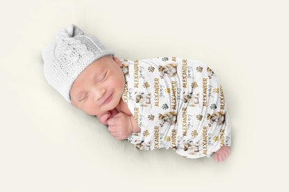 Personalized Puppy Bulldog Swaddle and Hat Set, Dogs Hospital Baby Boy Blanket - Friends Forever