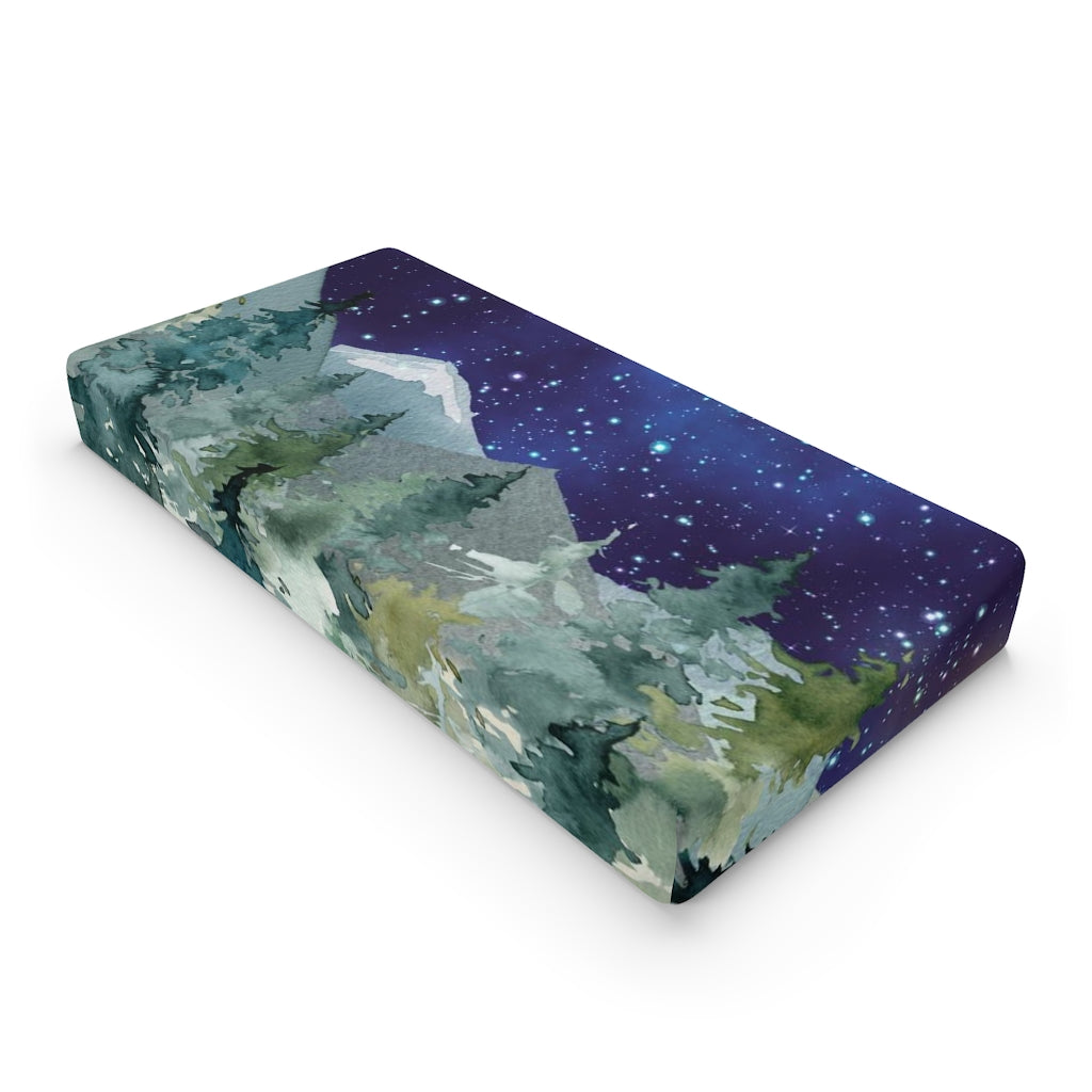 Dark Blue Sky Forest Changing pad cover, Woodland Nursery Bedding - Majestic Forest