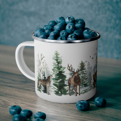 Woodland Enamel Camping Mug, Forest animals coffee cup - Enchanted Forest