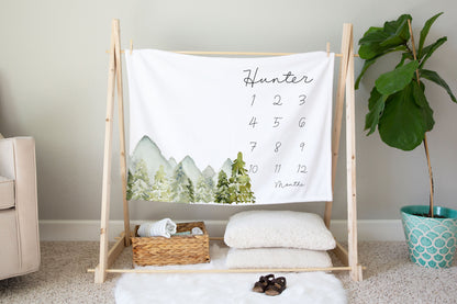 Mountains Personalized Milestone Blanket, Forest Baby Monthly Growth Tracker - Wild Green