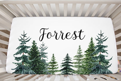 Pine Trees Personalized Minky Crib Sheet, Forest Nursery Bedding - The Forest