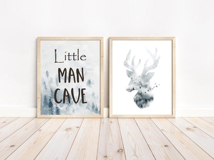 Deer Little Man Cave Wall Art, Woodland Nursery Prints Set of 2 - Enchanted Forest