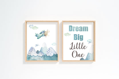 Dream Big Little One Printable Wall Art, Airplane Nursery Prints Set of 2 - Up in The Sky