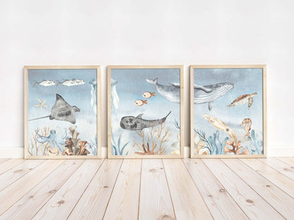 Under The Sea Wall Art, Ocean Nursery Prints, Set of 3 DIGITAL DOWNLOAD - Deep Ocean