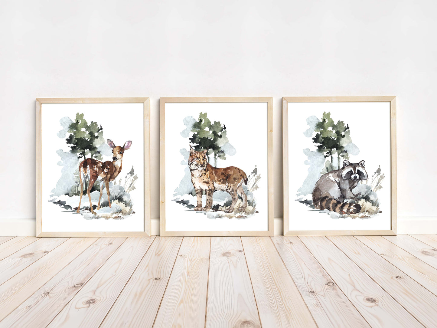 Deer Raccoon Lynx Printable Wall Art, Woodland Nursery Prints Set of 3 - Wild Nature