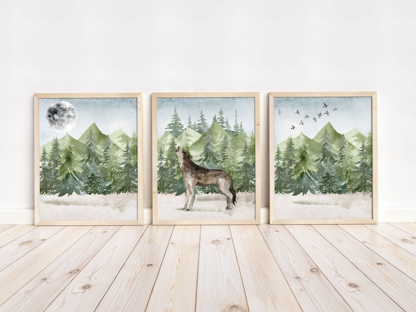 Moon and Wolf Printable Wall Art, Woodland Nursery Prints Set of 3 - Enchanted Green