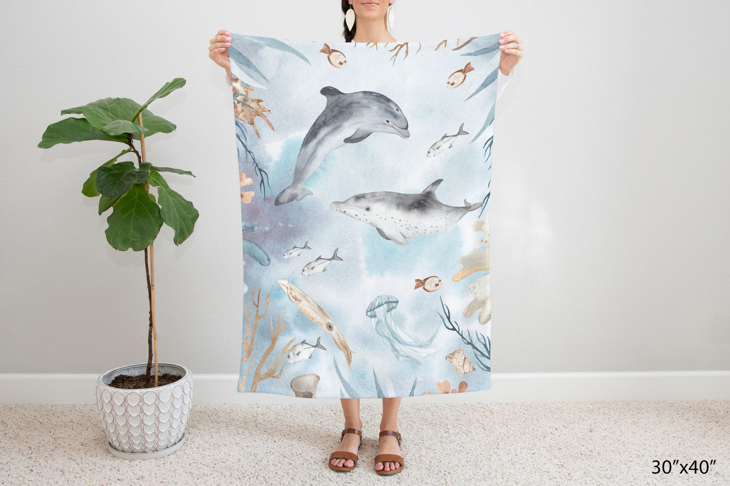 Dolphins Minky Blankets, Under the Sea Nursery Bedding - Deep Ocean