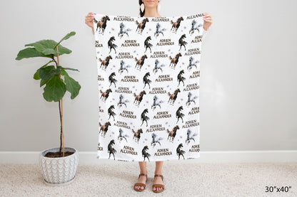 Horses personalized Minky Blanket, Equestrian Nursery Bedding - Wild Spirit