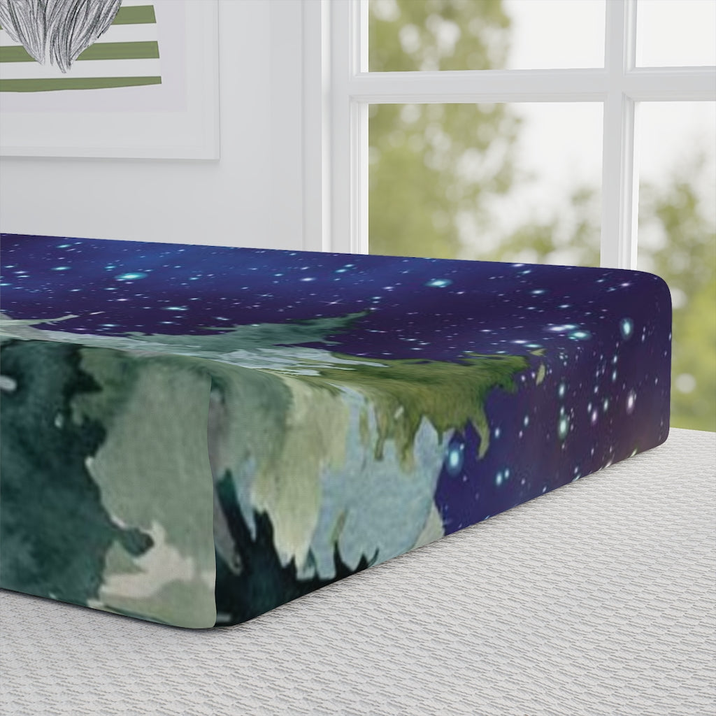 Dark Blue Sky Forest Changing pad cover, Woodland Nursery Bedding - Majestic Forest