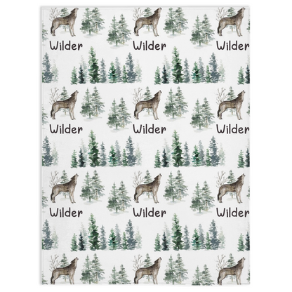 Personalized Wolf Minky Blanket, Forest Nursery Bedding - Enchanted Forest