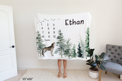 Wolf Personalized Milestone Blanket, Woodland Baby Monthly Growth Tracker - Enchanted Forest