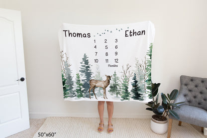 Deer Twins milestone blanket boys, Woodland Monthly Growth Tracker - Enchanted Forest