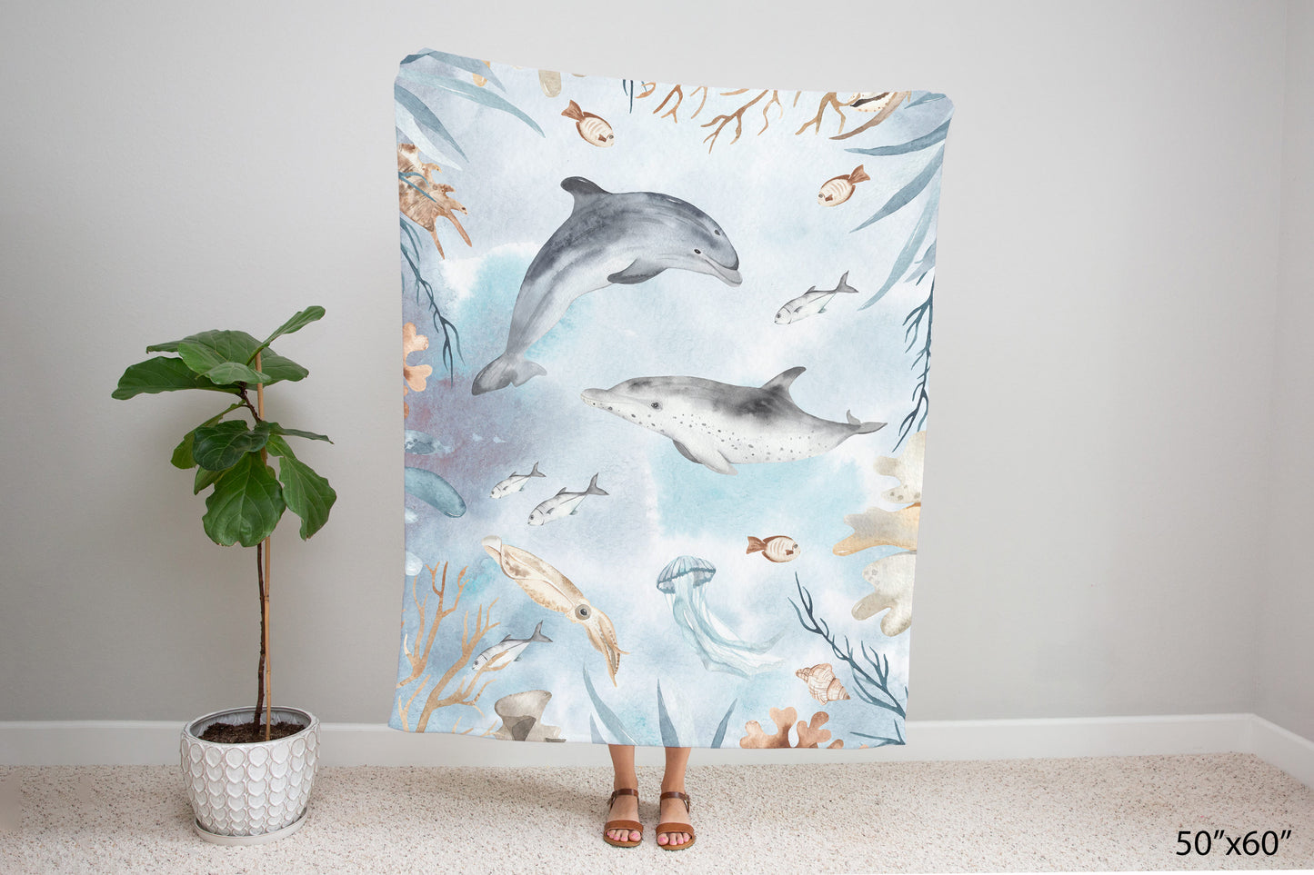 Dolphins Minky Blankets, Under the Sea Nursery Bedding - Deep Ocean