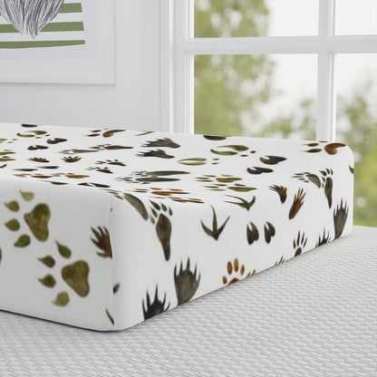 Animal tracks changing pad cover, Woodland nursery decor - Footprints in the forest
