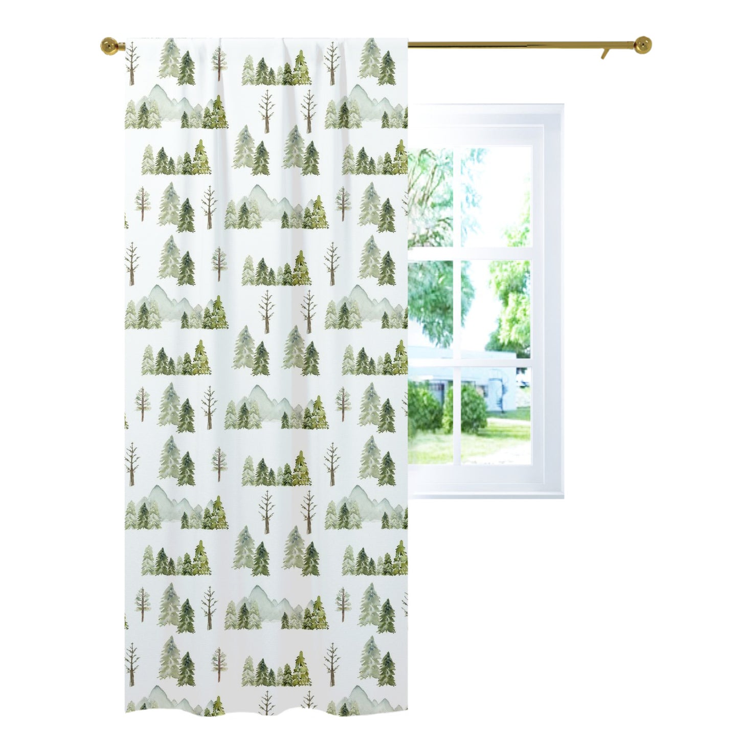Pine Tree and Mountains Curtain Single Panel, Forest Nursery Decor - Wild Green
