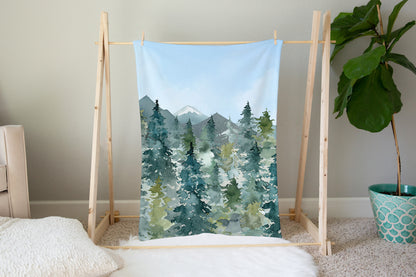 Blue Sky Forest Minky Blanket, Woodland Nursery Bedding - Majestic Forest