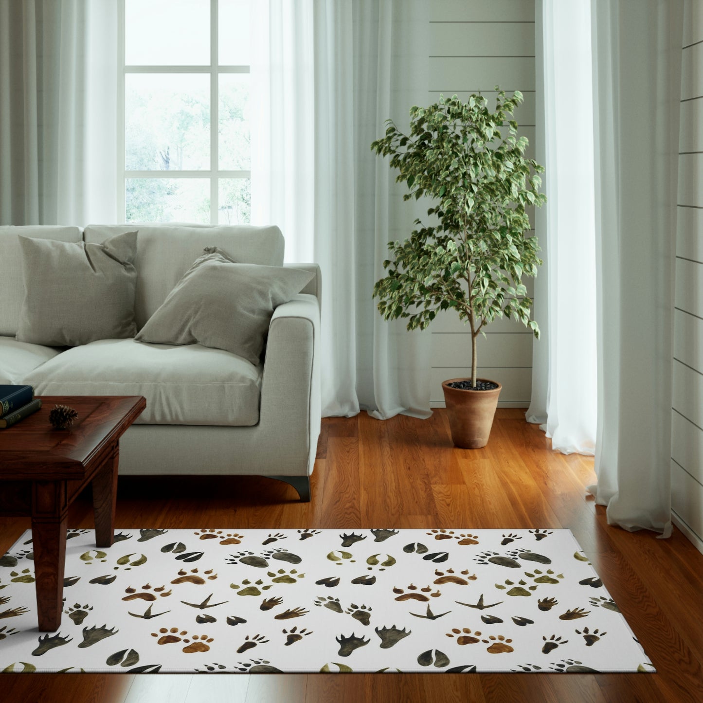 Animal tracks rug, Woodland rug anti-slip backing - Footprints in the forest
