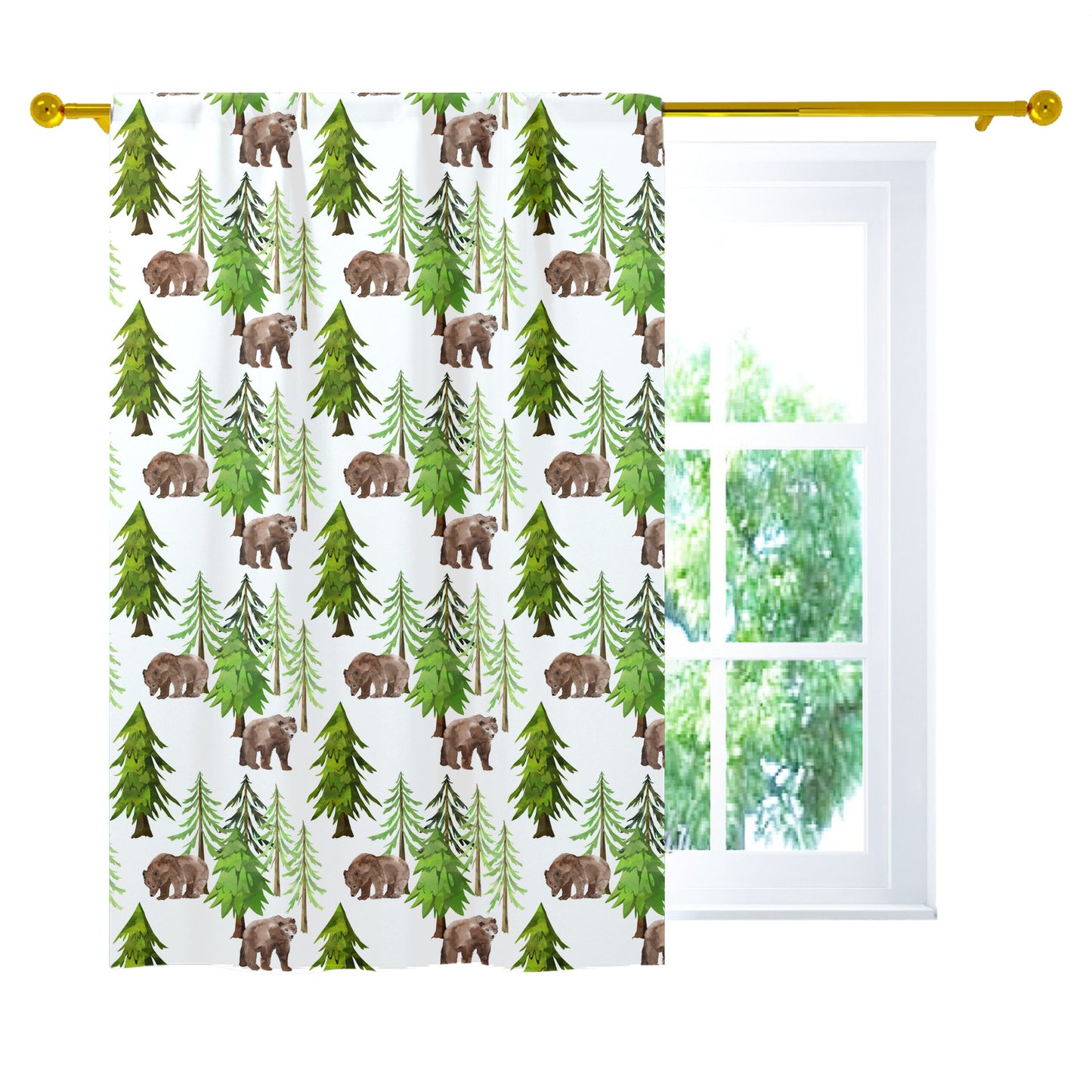 Bear and Pine Trees Curtain Single Panel, Forest Nursery Decor - Into The Woods