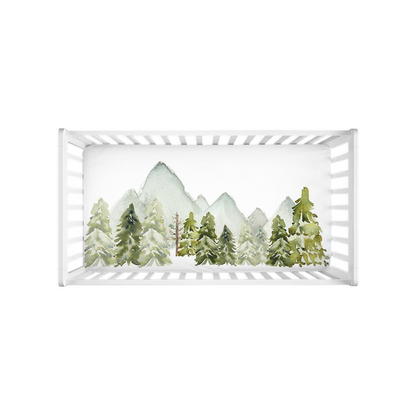 Forest and Mountains Crib Sheet, Woodland Nursery Bedding - Wild Green