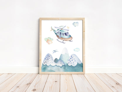 Helicopter Printable Wall Art, Airplanes Nursery Print - Up In The Sky