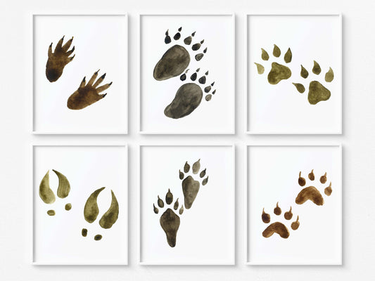 Animal tracks Printable Wall Art, Woodland Nursery Prints Set of 6 - Footprints in the forest