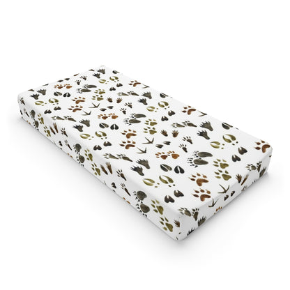 Animal tracks changing pad cover, Woodland nursery decor - Footprints in the forest