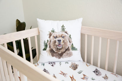 Bear Pillow Cover, Woodland Nursery Decor - Wild Woodland