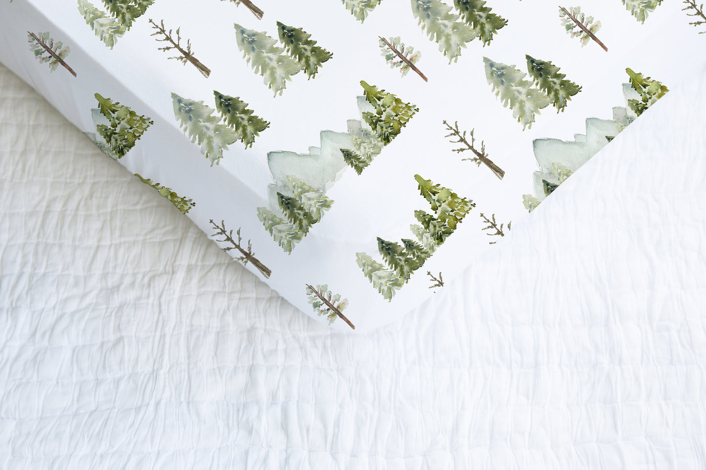 Mountains and Pine Trees Crib Sheet, Forest Nursery Bedding - Wild Green
