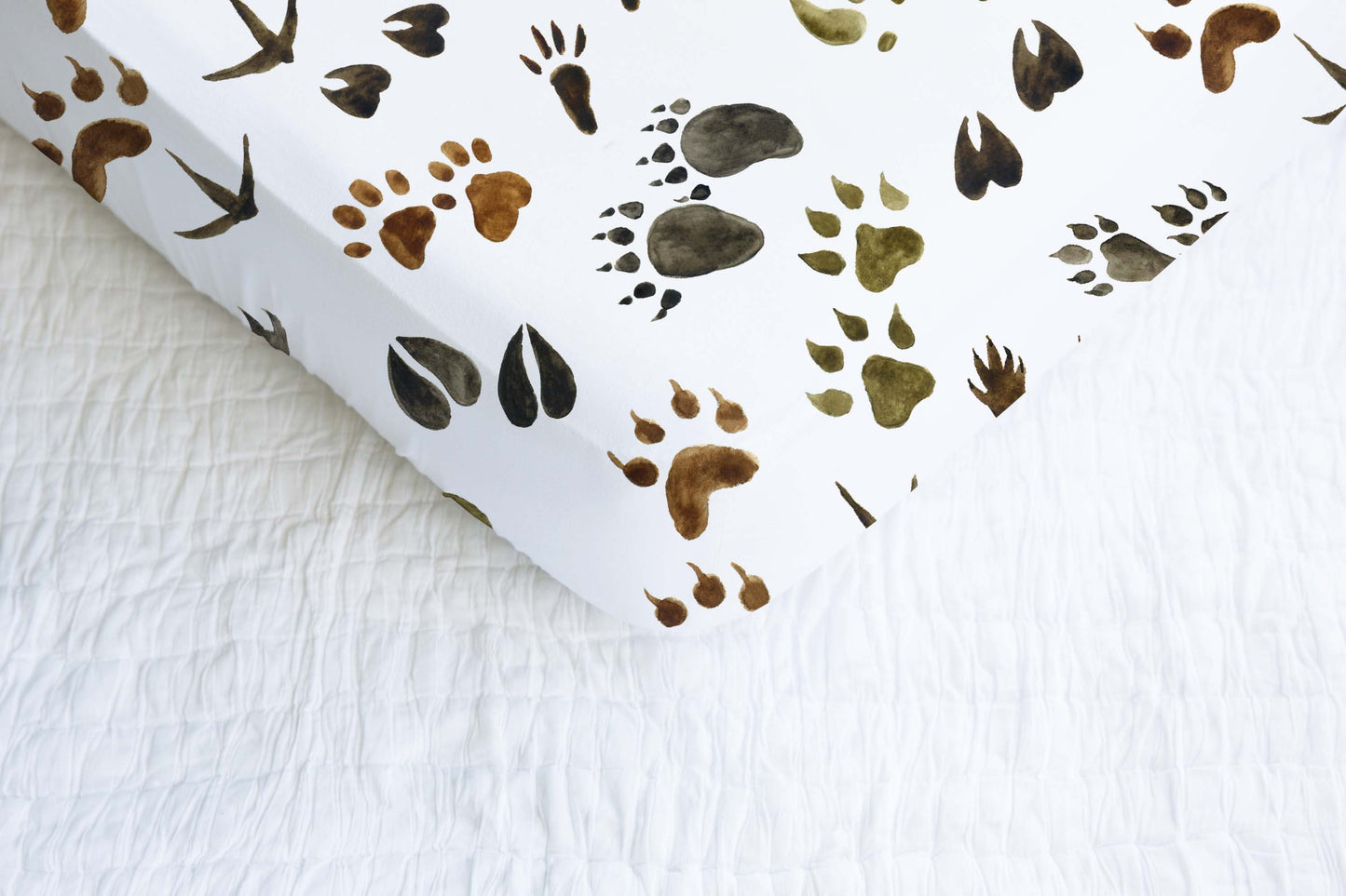 Animal Tracks Crib Sheet, Forest Nursery Bedding - Footprints in the forest