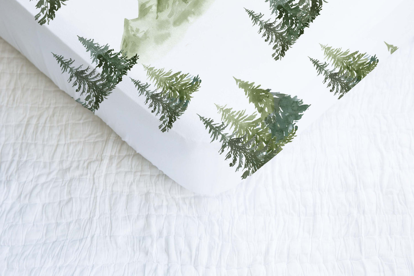 Mountains and Pine Trees Crib Sheet, Forest Nursery Bedding - Enchanted Green